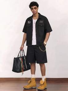 SWAVVY Conjunto de camisa de manga corta con bolsillo y botones de un solo pecho bordada y pantalones cortos con bolsillo de parche y botones para hombres - Negro - Ver 4