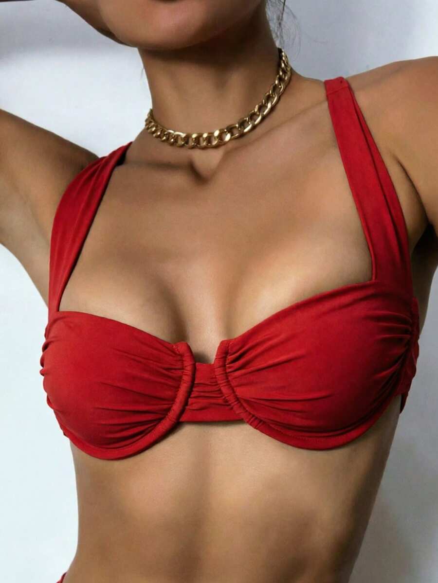 SHEIN Swim Women's Solid Color Ruched Underwire Bikini Top - Red - View 1