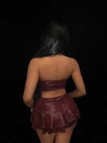 Amplova 女款 2 件組 性感前衛紮染掛脖上衣與超低腰裙 - 酒紅色 - 查看 12