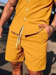 Manfinity Homme Men's Summer Casual Solid Color Shirt And Shorts Set - Pale Yellow - View 6