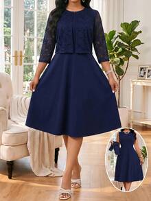 SHEIN Lady CURVE 大尺碼女款圓領蕾絲上衣與裙子休閒日常兩件套 - 藏蓝色 - 查看 1