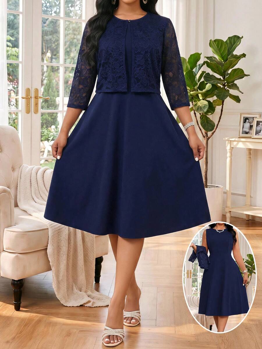 SHEIN Lady CURVE 大尺碼女款圓領蕾絲上衣與裙子休閒日常兩件套 - 藏蓝色 - 查看 1