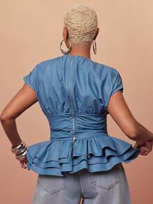 Vixey Round Neck Ruched Short Sleeve Layered Peplum Denim-Look Top, Elevated Casual, Casual Chic, Everyday Style, Off Duty - Blue - View 2