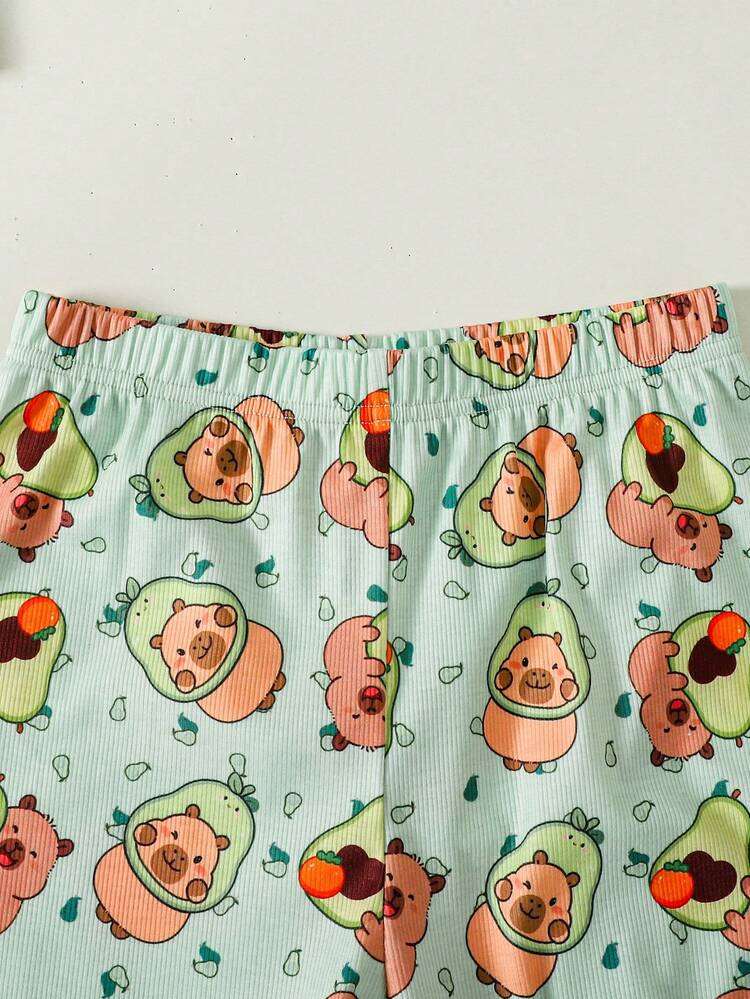 SHEIN Random 5 Sets, Get 1 Set Free]Surprise Box!!!! 30% Chance To Get 2 Sets!! Comfortable And Cute Printed Knit Pajama Set For Girls, Comfortable Casual Homewear, Suitable For Daily Wear, Sweet Dream Printed Pajama Set For Girls, Comfortable Short Sleeve Top And Pants, Comfortable Fit KIDS - Green - View 4