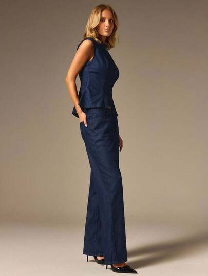 COSMINA Denim Set da donna minimalista con camicia plissettata e pantaloni lunghi in denim con tasche e bottoni