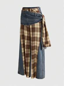 ROMWE J-Fashion Women's Retro Punk Street Style Plaid Patchwork 2 In 1 Lace-Up Jeans - Blue - View 4