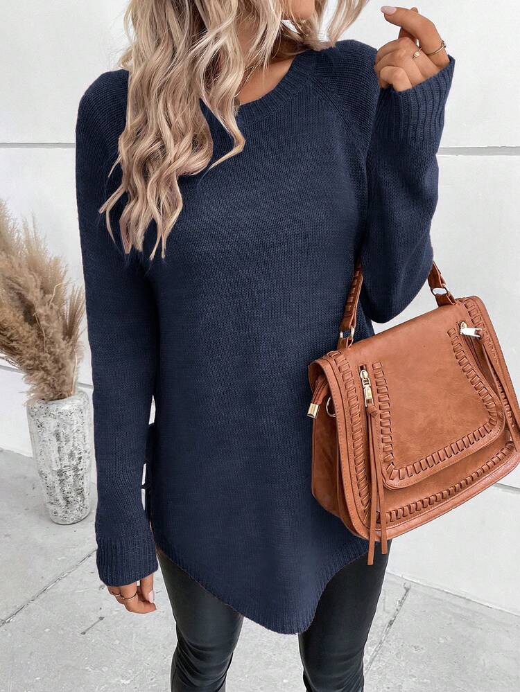 SHEIN LUNE Women's Solid Color Round Neck Casual Versatile Daily Wear Long Sleeve Sweater - Navy Blue - View 3