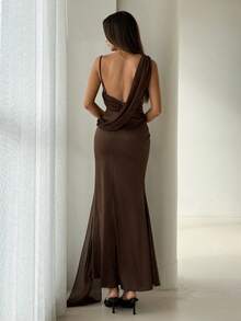 Aloruh Damen Sexy Eng Anliegendes Braunes Asymmetrisches Cowl-Neck Rückenfreies Satin-Partykleid - Kaffeebraun - Übersicht 4