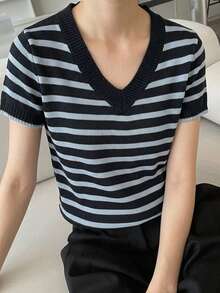 DAZY 女款領口條紋套頭短袖針織衫 夏季 - 寶藍色 - 查看 5