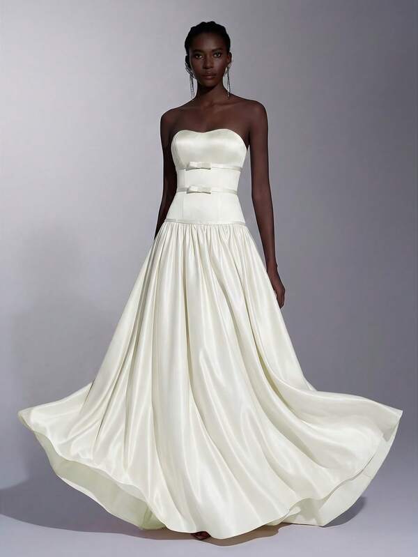 Elitara Elegant Luxurious White Satin, Handmade Bow Decor, Strapless Oversized Skirt, Women's Formal Evening Gown