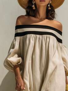 SHEIN Tall Women's Striped Off-Shoulder Lantern Sleeve Loose Fit Vacation Dress - Khaki - View 4