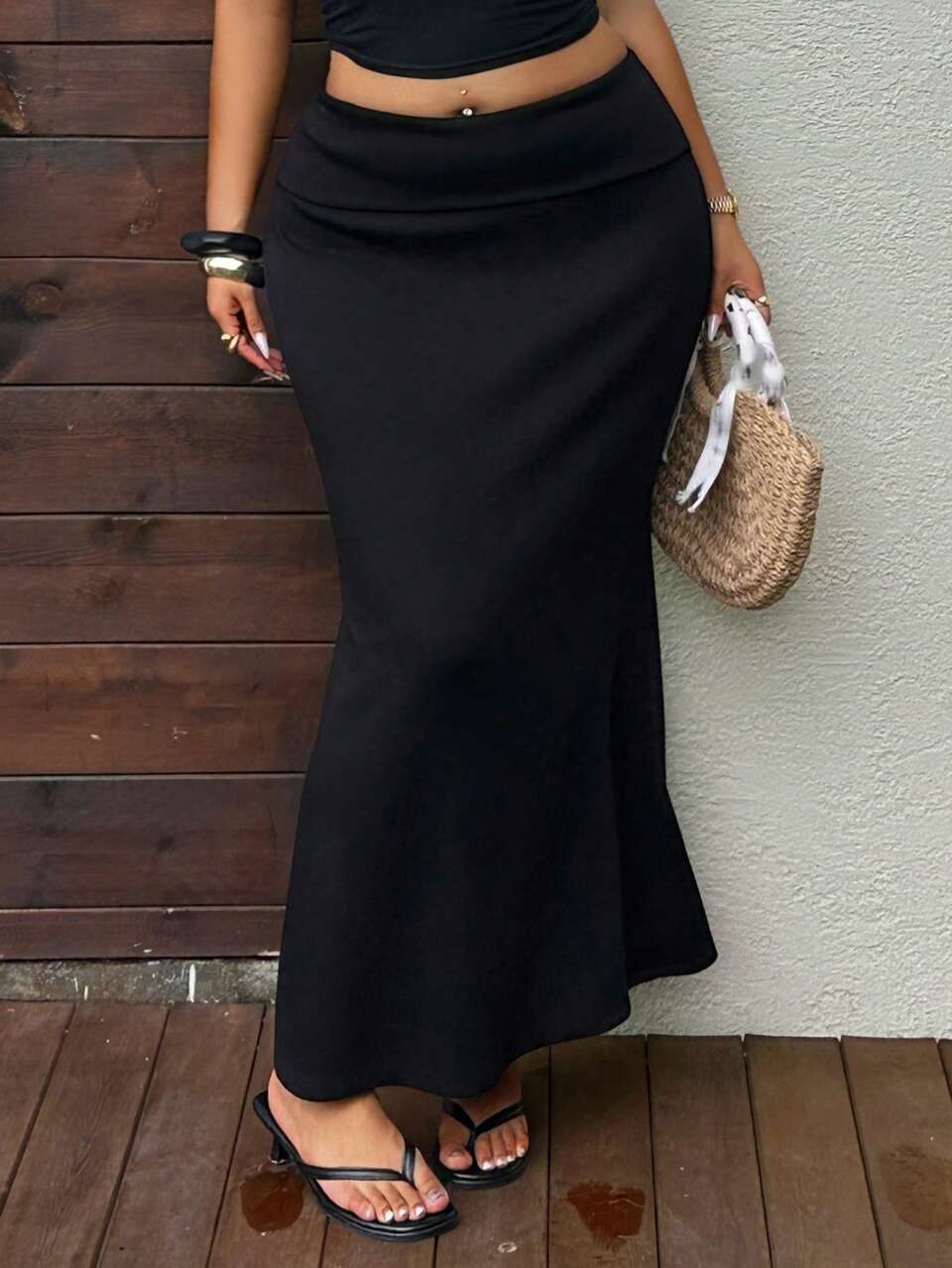 Dazy Plus Solid Color Knitted Wrap Low Waist Long Mermaid Skirt Casual Blogger Street Style Plus Size Women Spring Summer Autumn Black Skirt