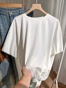 Comfortcana Plus Size Asymmetrical Hem Lace Loose T-Shirt Date Night Evening Birthday All White Summer Elegant Frenchy - White - View 11
