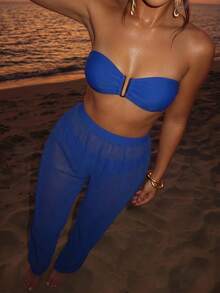 Sirith Summer Beach U Wired Bandeau Bikini With Beach Pants Vacation - Royal Blue - View 2
