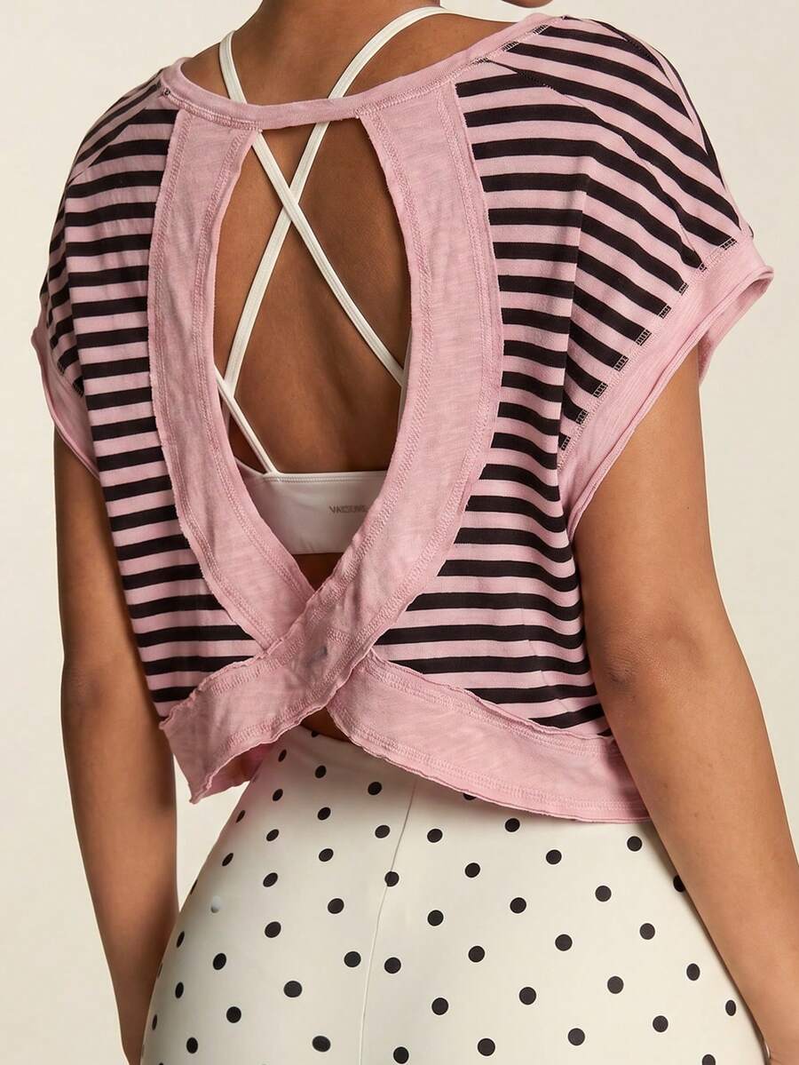 SHEIN BAE Women's Summer Casual Striped Patchwork Backless Batwing Sleeve Sports T-Shirt - Multicolor - View 1