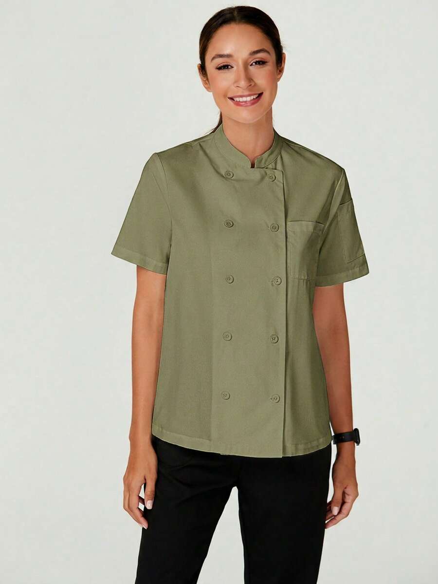 TaskEZ Chaquetas de Chef de Manga Corta Blancas para Mujeres con Botones Delanteros, Manga Corta y Bolsillo, Estilo Minimalista - Verde militar - Ver 1