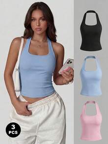 Women's Versatile Solid Color Sexy Spaghetti Strap Backless Fitted Summer Top. - Multicolor - View 1