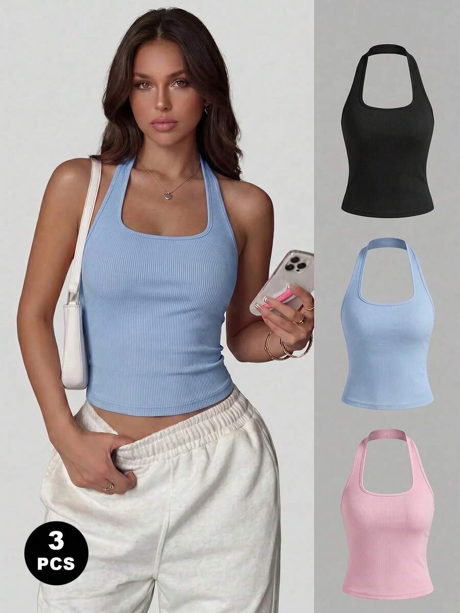 Women's Versatile Solid Color Sexy Spaghetti Strap Backless Fitted Summer Top. - Multicolor - View 1