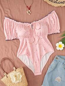 Sweetra CURVE Plus Size Diamond Neckline Ribbed Front Tie Shoulder Short Sleeve Vacation Bodysuit - Pink - View 1