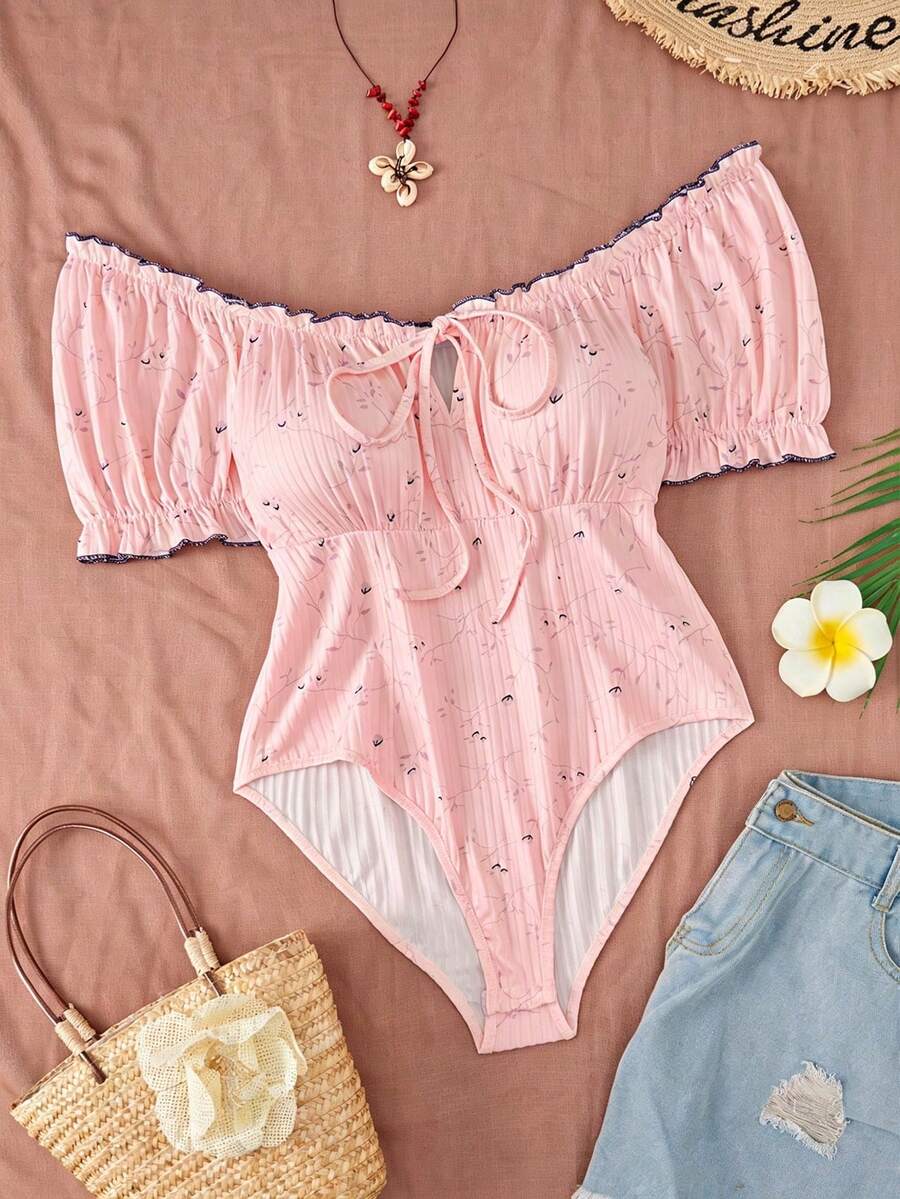 Sweetra CURVE Plus Size Diamond Neckline Ribbed Front Tie Shoulder Short Sleeve Vacation Bodysuit - Pink - View 1