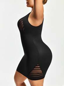 SHAPORA Gaun Bodycon Jala Kontras Warna Polos untuk Wanita Ukuran Plus - Hitam - View 3