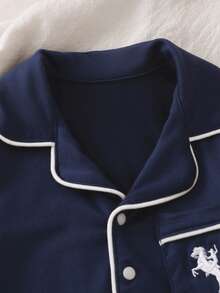 SHEIN Vintaside Kids 新生兒居家連身睡衣，卡通恐龍印花圖案配滾邊飾邊，柔軟舒適面料 - 藏蓝色 - 查看 8