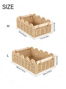 1PC Paper Rope Rattan Woven Storage Basket, Tea Table Storage Box, Toys, Snacks, Cosmetics Storage, Japanese Wooden Handle, Petal Style Storage - Brown - View 9