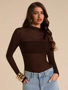 SHEIN BAE Spring/Summer Solid Elegant Sheer Fitted Ruched Women's Mesh Bodysuit, Simple & Elegant - Coffee Brown - View 5
