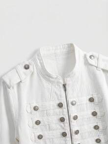 ROMWE Grunge Punk Nautical Punk Vintage Metal Buckle Distressed Washed Denim Thin Jacket Coat - White - View 3