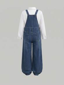 SHEIN Girls' Lace Bow Frayed Heart-Patterned Dark Blue Denim Loose-Fitting Overalls Fall Graduation Y2k - Medium Wash - View 3