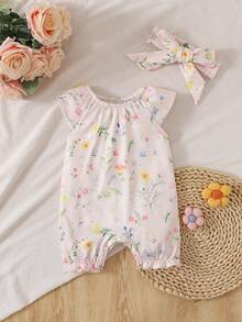 SHEIN 新生兒花卉印花圓領連身衣與髮帶2件套 - 彩色 - 查看 2