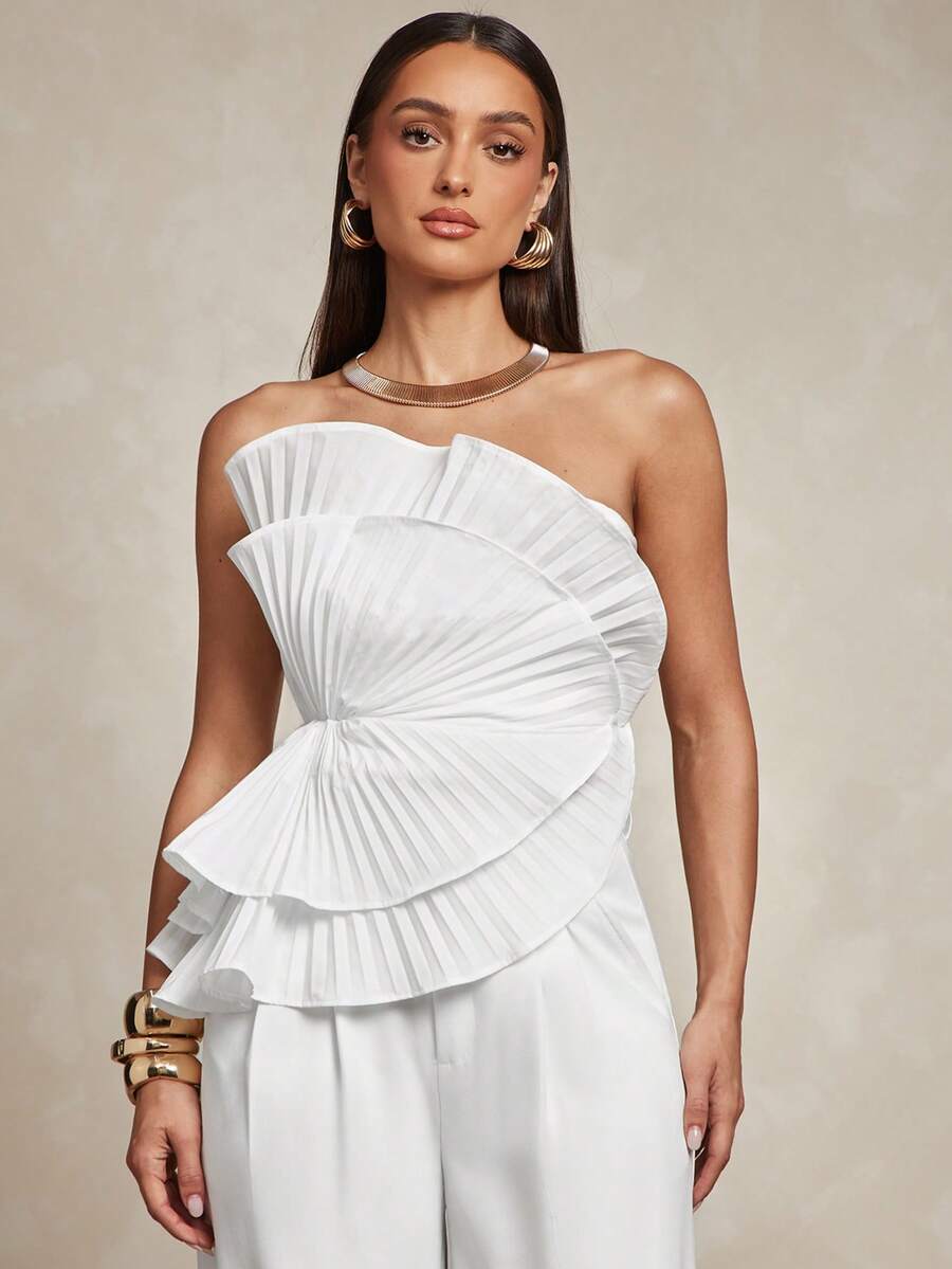 Silquee Women's Solid Color Pleated Ruffle Trim Fashion Bandeau Top Party - White - View 1