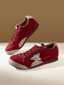 CUCCOO EASI Women's Shoes Color Matching Design Lace-Up Round Toe Flat Bottom Casual Sports Shoes Casual Style Imitation Suede PU Leather Burgundy Casual Sports Shoes Daily Outdoor Sports And Leisure - Red - View 3