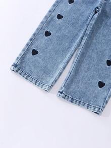 SHEIN 女童牛仔寬腿褲，甜美休閒風，春夏度假款，彈性腰頭配愛心刺繡，純棉，嬰兒藍 - 淺色水洗藍 - 查看 6