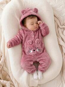 Newborn Baby Girl Cute Autumn/Winter Cartoon Pattern Pink Hooded Romper - Pink - View 2