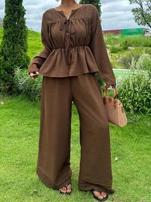Dazy Plus Brown Lace-Up Waist Top And Wide Leg Pants Casual Long Sleeve Two Pieces Set For Spring, Summer And Early Autumn - Brown - View 7
