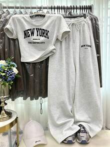 Lalippa Summer Fashion Casual, Letter New York Print Set, Brooklyn Print T-Shirt Set. Suitable For Daily And Sports Wear Women's Two Pieces Set - Grey - View 1