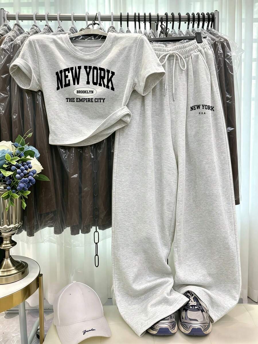 Lalippa Summer Fashion Casual, Letter New York Print Set, Brooklyn Print T-Shirt Set. Suitable For Daily And Sports Wear Women's Two Pieces Set - Grey - View 1