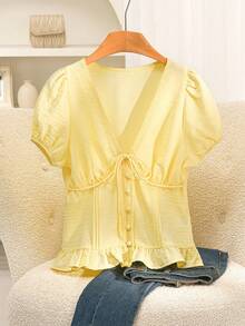 Story & Sage Casual Vacation Women's Blouse, Spring/Summer Fitted Lace Patchwork Tie Bow Short Sleeve Shirt In Pale Yellow - Pale Yellow - View 4