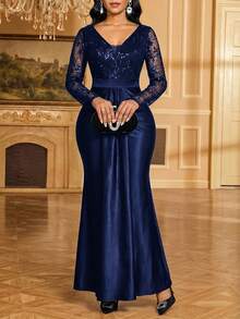Fleurora Women's Elegant Party Sequin Embroidery Mesh Patchwork Fishtail Dress - Navy Blue - View 6