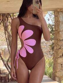 Swim Vcay Springbreak 女款海灘裝夏季套裝，新款單肩定位印花抽繩打結鏤空休閒度假連身泳衣，節慶波希米亞風 - 彩色 - 查看 8