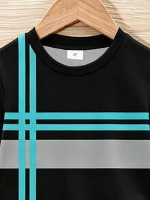 Young Boys 2-Piece Set, Simple Fashion Contrast Color Striped Color Block Print Short Sleeve T-Shirt And Printed Shorts Set, Suitable For Outings In Summer - Multicolor - View 5