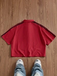 SWAVVY Men's Striped Short Sleeve Button-Up Casual Shirt - Red - View 2