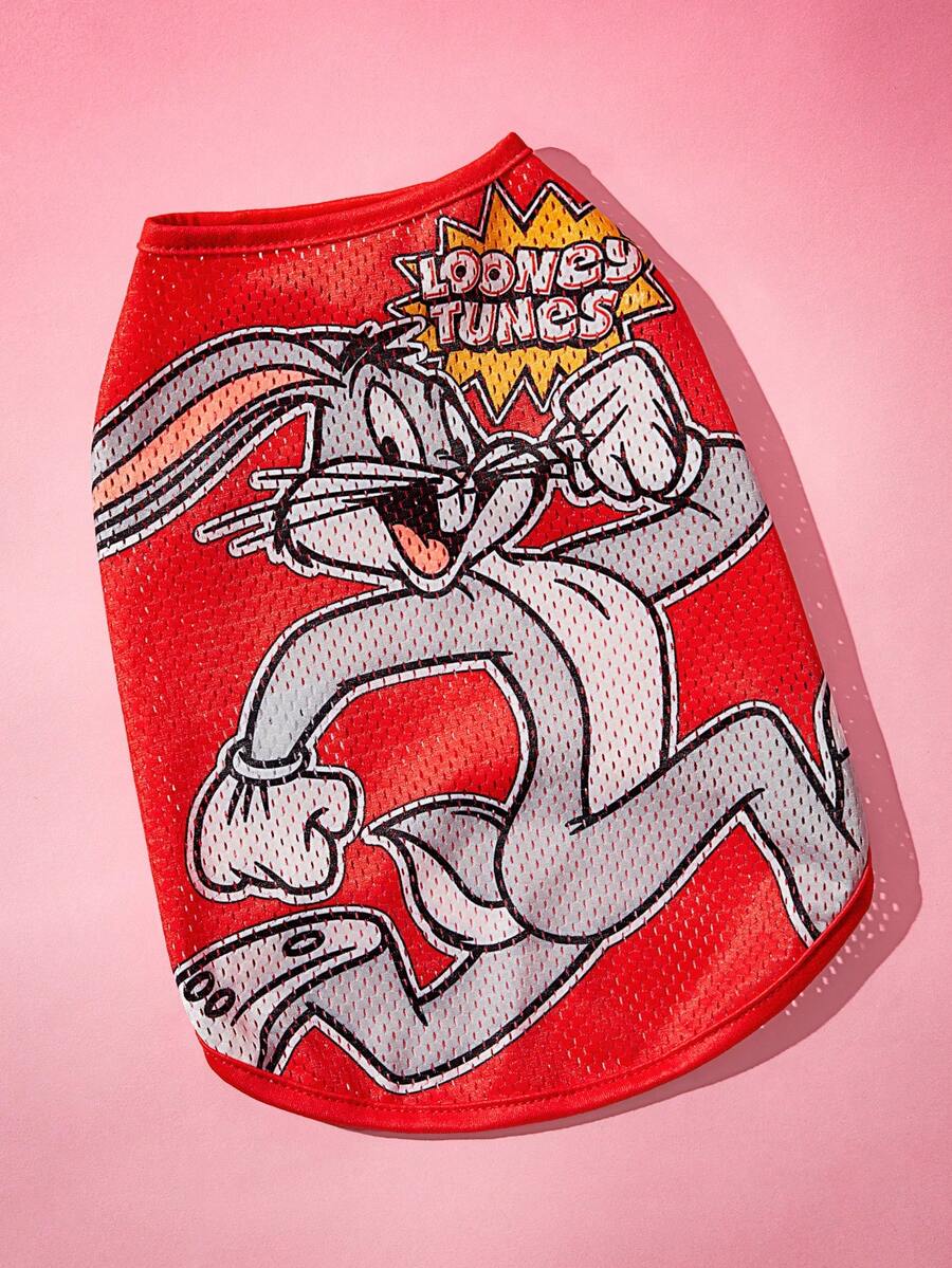 LOONEY TUNES X SHEIN 1件卡通圖案印花寵物背心,貓咪衣服,狗狗衣服,尺寸XXS-XXXXL,特小號,特大號,昆蟲圖案 - 紅色 - 查看 1