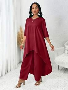 SHEIN Lady 四季夏季女裝酒紅色長袖不對稱兩件套套裝 回歸舞會半正式派對禮服 優雅 - 酒紅色 - 查看 4