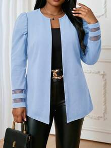 SHEIN Lady 大尺碼女款網格拼接休閒百搭日常外出長袖外套 - 淺藍色 - 查看 1