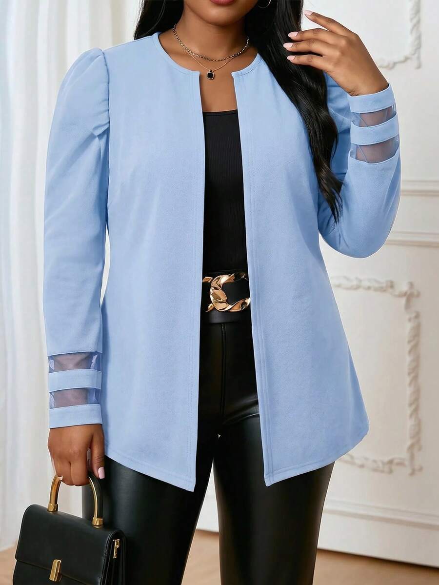 SHEIN Lady 大尺碼女款網格拼接休閒百搭日常外出長袖外套 - 淺藍色 - 查看 1