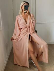 DAZY Summer Autumn Lace Patchwork Women's Nightgown Pajamas - Pink - View 3
