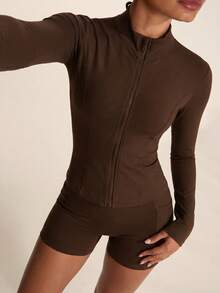 SHEIN BAE High Neck Long Sleeves Skinny Women Sports Sets - Brown - View 3
