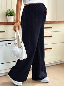 SHEIN Maternity Casual Versatile Solid Color Wide Leg Pants Fall - Navy Blue - View 3
